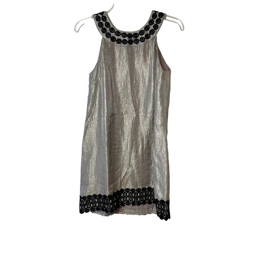 Nine West Sleeveless Halter Mini Shift Dress Womens 4 Gray Embroidered Metallic‎